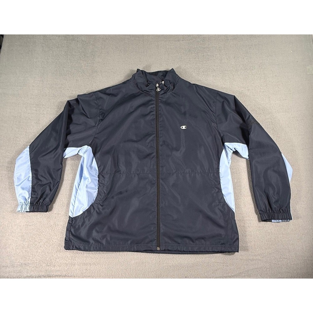 Champion Men XL Track‎ Jacket Navy Blue Full Zip Windbreaker Athletic Y2K